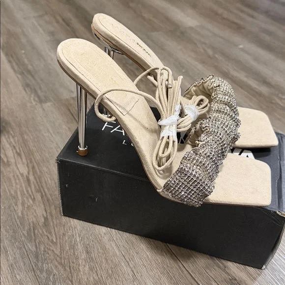 Fashion Nova Stone Embellished Beige Strappy Heels - Picture 2 of 3